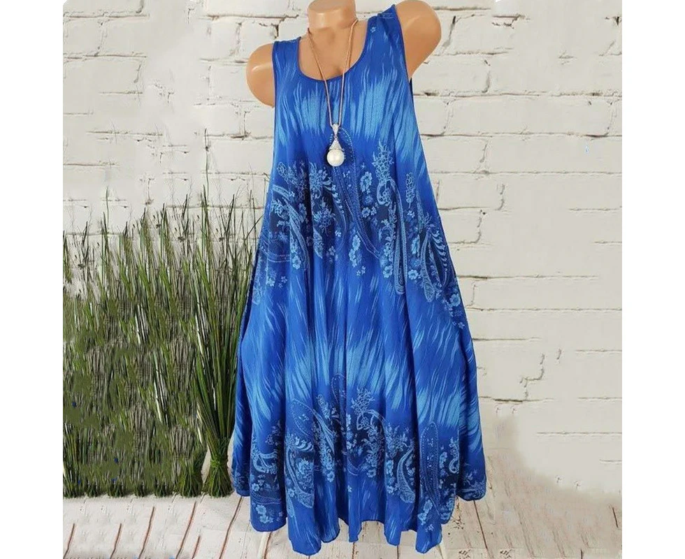 Ladies Boho Retro Floral Sleeveless Loose Fit Tank Dress Casual Holiday Beach Sundress - Royal Blue