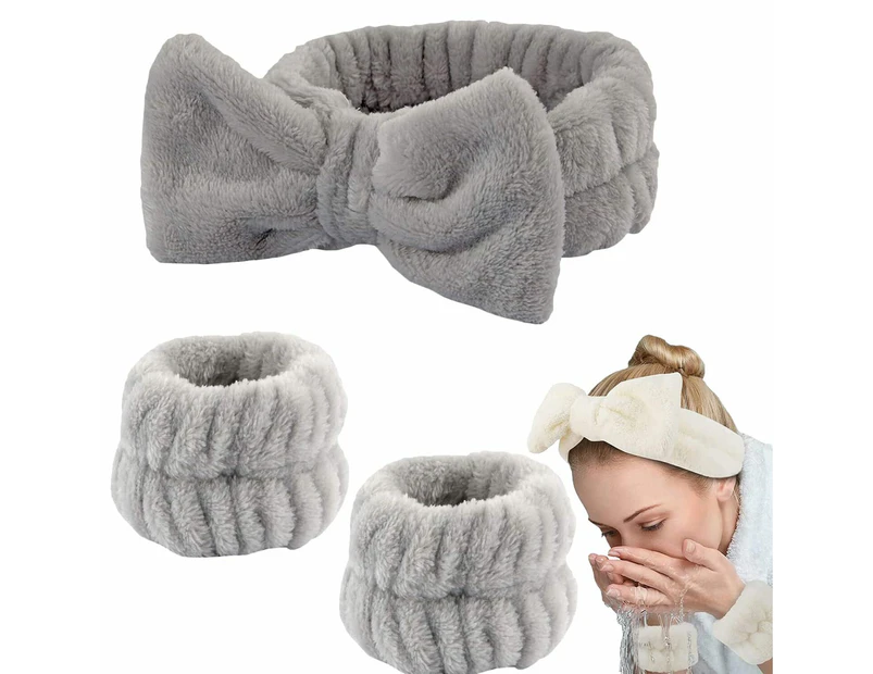3Pcs Spa Headband Wrist Washband Set for Washing Face, Bowknot Hairbands and Scrunchies Cuffs (Gray)