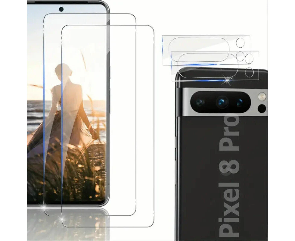 [2+2 Pack] 2 PCS Front Screen Protector with 2 PCS Camera Lens Protector Tempered Glass For Google Pixel 8 Pro 5G