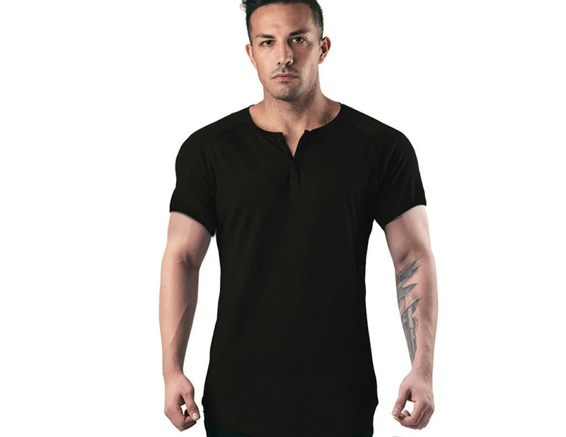 Mens Summer Cotton Casual Henley Shirts Single Button Placket Plain v Neck T-Shirts Regular Fit-black