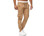 Men's Plain Jogger Chino Cargo Trousers Casual Sports Jogging Bottoms Pockets Pants - Khaki