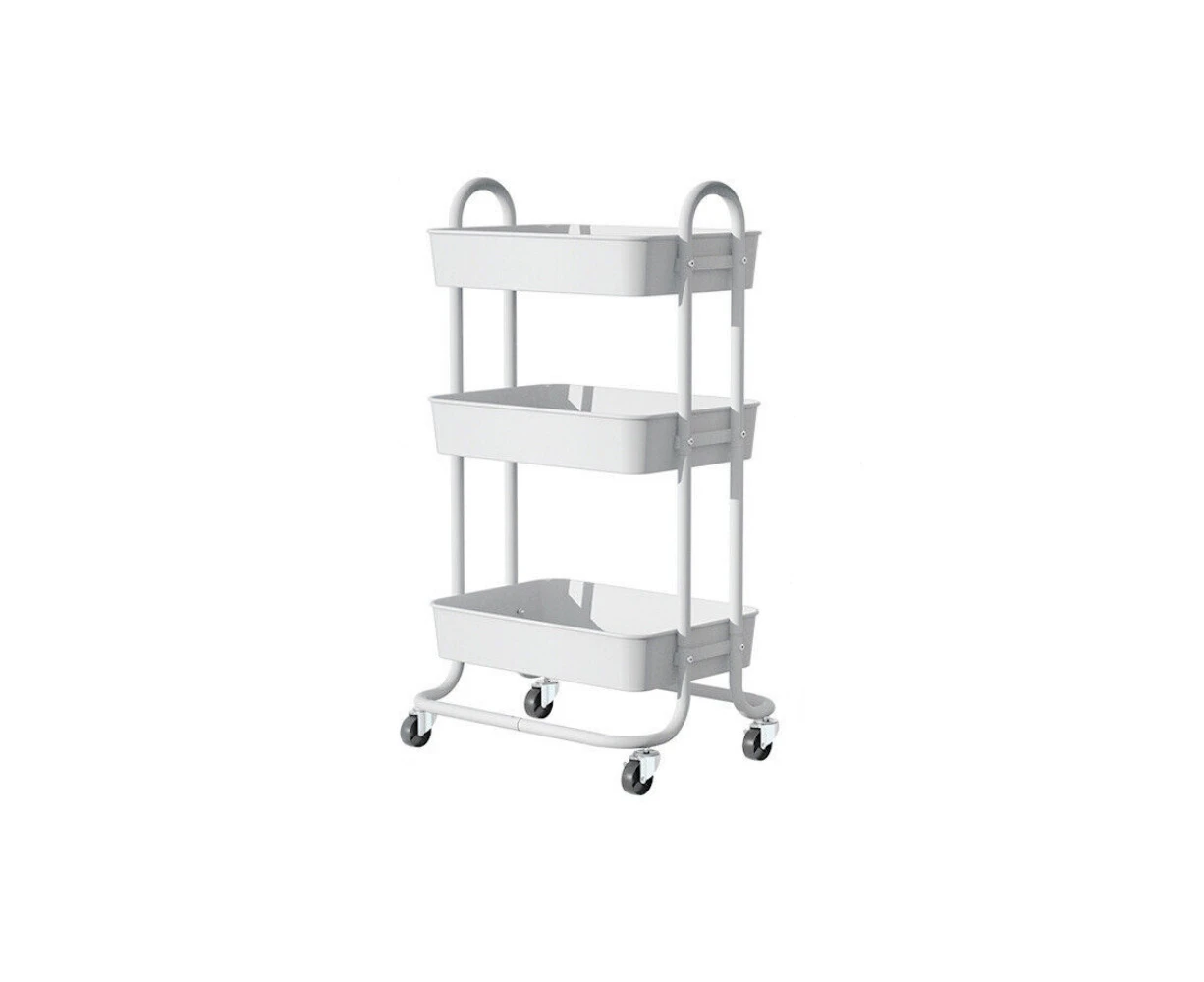 3 Tiers Kitchen Storage Trolley Cart Steel Rack Shelf Organiser Wheels White