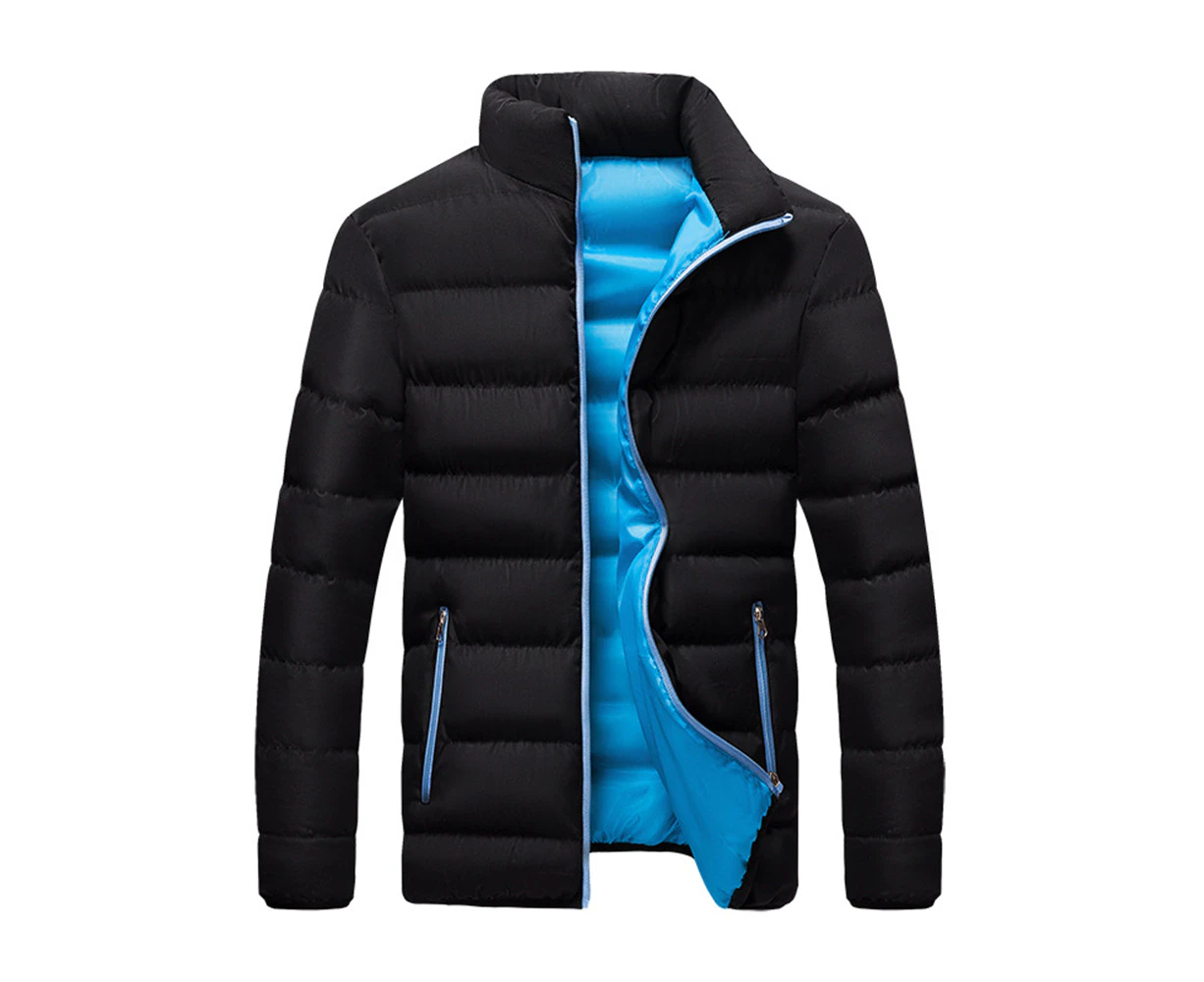 Men Winter Warm Coat Overcoat Standing Collar Padded Quilted Jacket Top Outerwear Zip - Black Blue