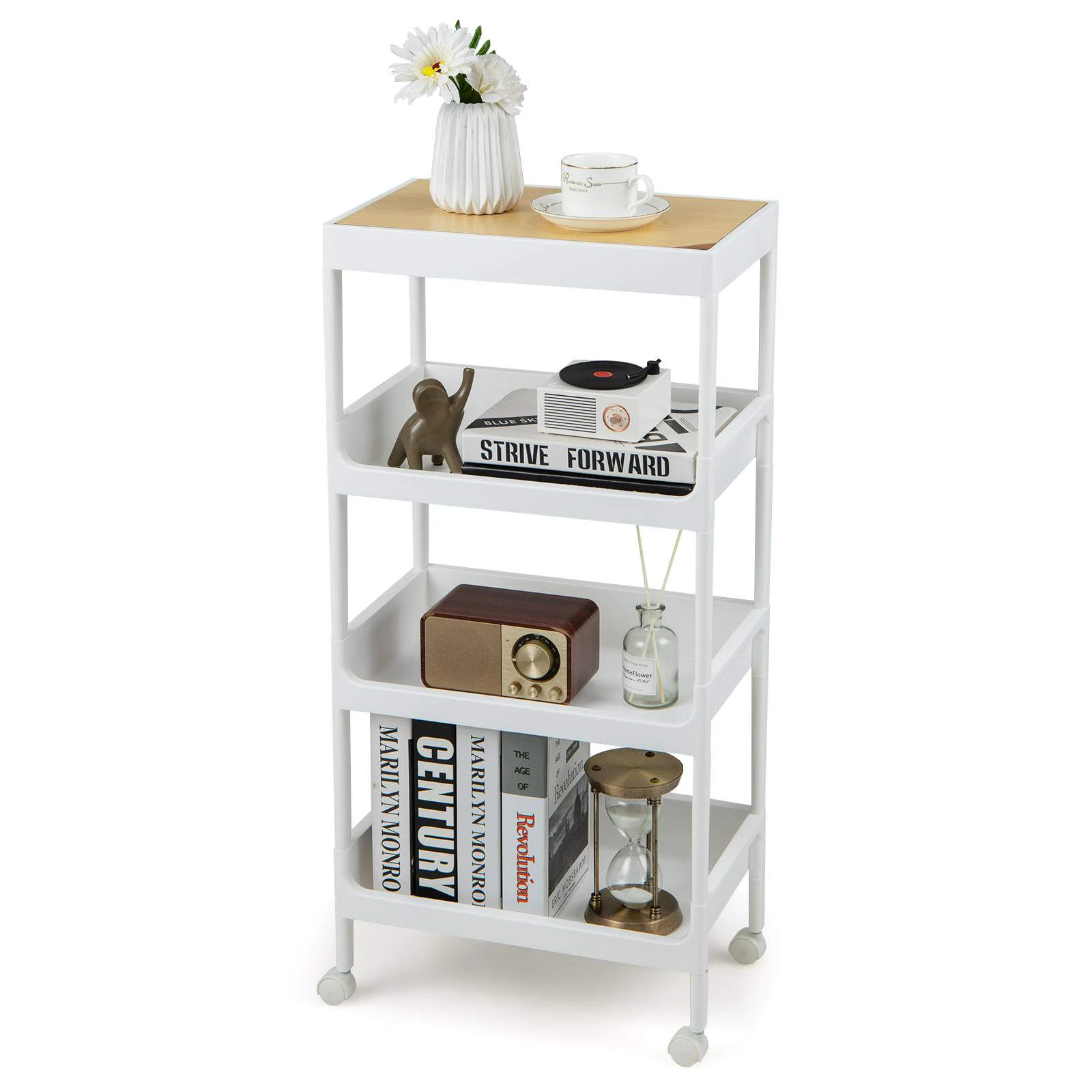 Costway 4-tier Rolling Storage Cart Kitchen Serving Trolley Utility Shelf Organizer w/Detachable Tray Top Bathroom Laundry