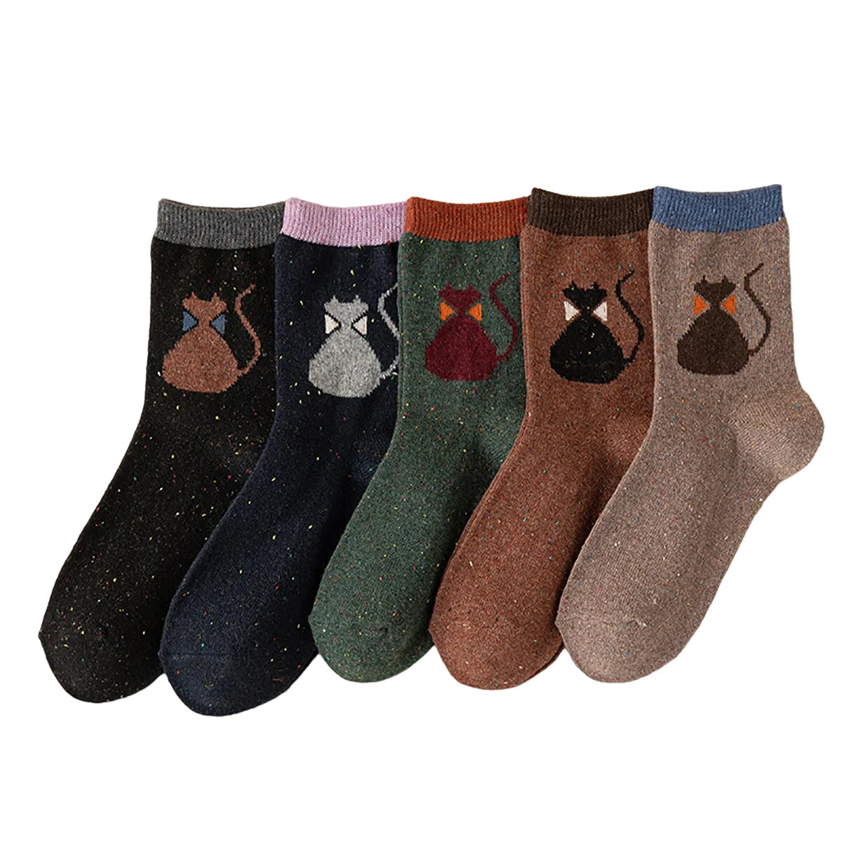 Anysox 5 Pairs Size 35-40 Mixed Color Cat Bowtie Cartoon Fashion Socks High Quality Woollen Stockings Foot Wear