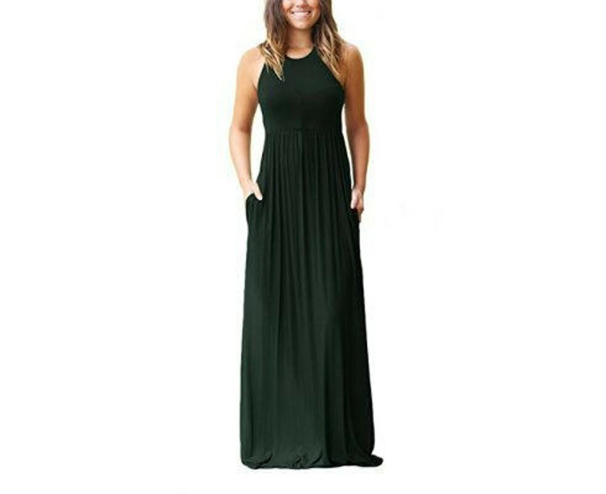 Women's Summer Sleeveless Maxi Dress Loose Plain Casual Long Dress with Pockets-Dark green