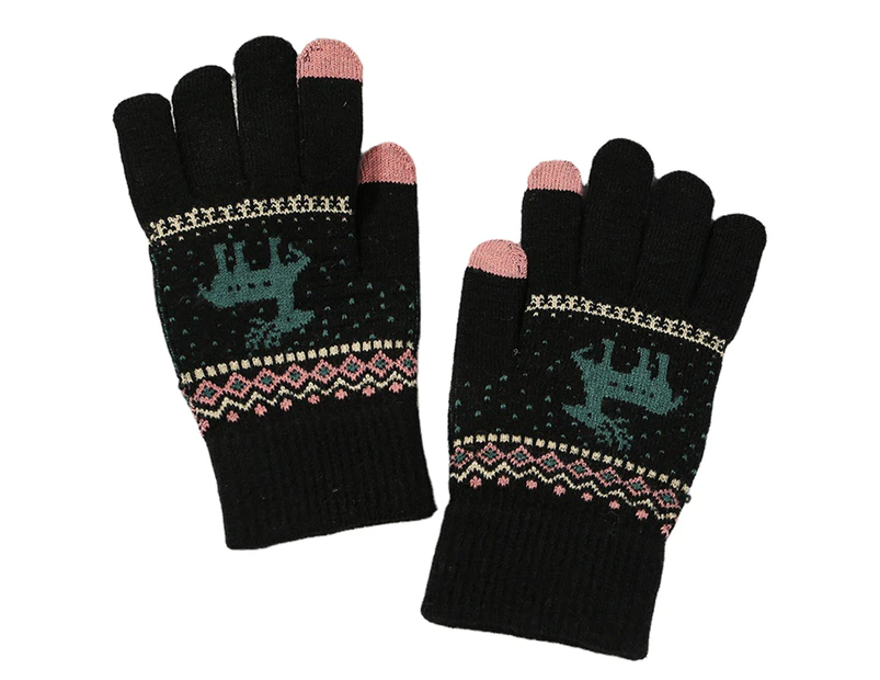 1 Pair Winter Women Gloves Thicken Ridding Gloves Soft Cartoon Deer Pattern Knitted Gloves for Daily Life Christmas Black