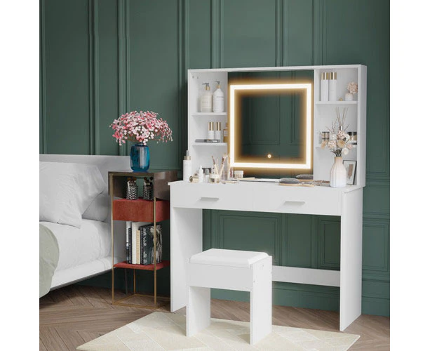 Ufurniture Dressing Table Stool Set Vanity Desk with LED Slide Make up Mirror Hidden Storage Shelf White