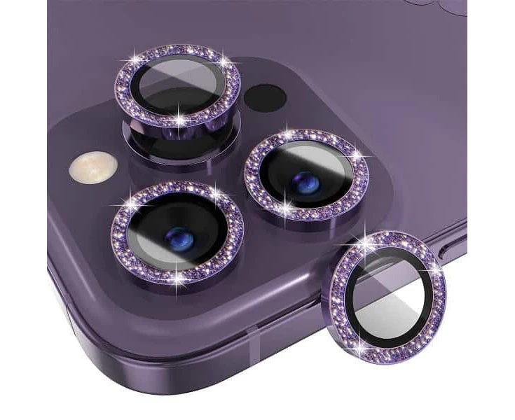 For Apple iPhone 14 Pro /15 Pro Metal Camera Lens Glitter Cover Glass Protector (Purple)