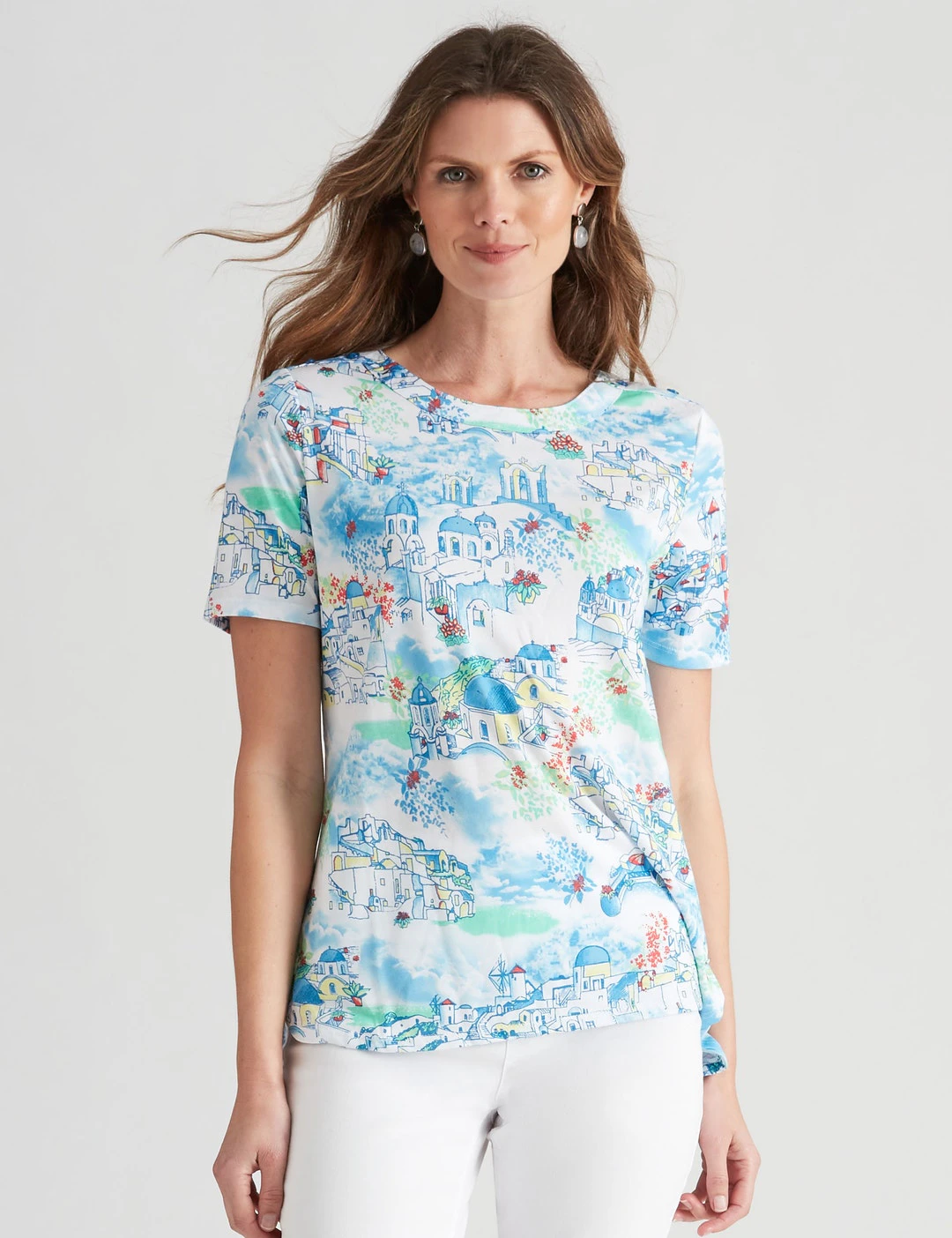 W Lane - Womens - Tops - Summer - Basic - Blue - Short Sleeve - Crew Neck - Relaxed Fit - Length Regular - Abstract - Office Wear - Work Clothes