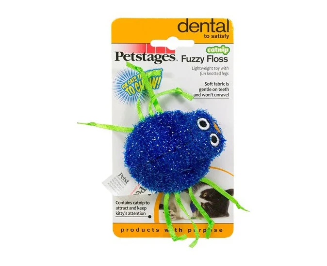 Petstages Catnip Fuzzy Floss Green and Blue Cat Dental Toy