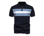 Mens Short Sleeve Knitted Striped Polo Shirts Casual Henley Shirts Regular Fitted Work Shirts for Men-Navy