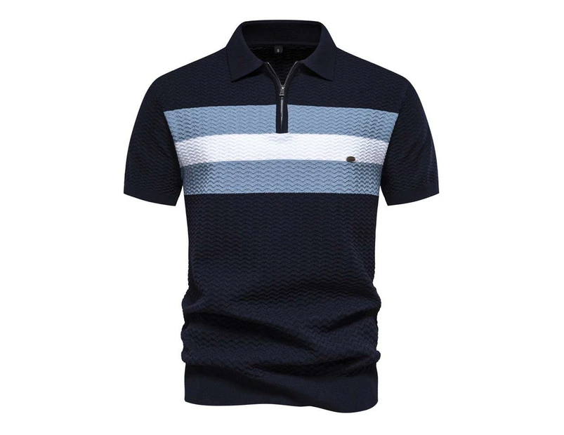 Mens Short Sleeve Knitted Striped Polo Shirts Casual Henley Shirts Regular Fitted Work Shirts for Men-Navy