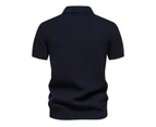 Mens Short Sleeve Knitted Striped Polo Shirts Casual Henley Shirts Regular Fitted Work Shirts for Men-Navy