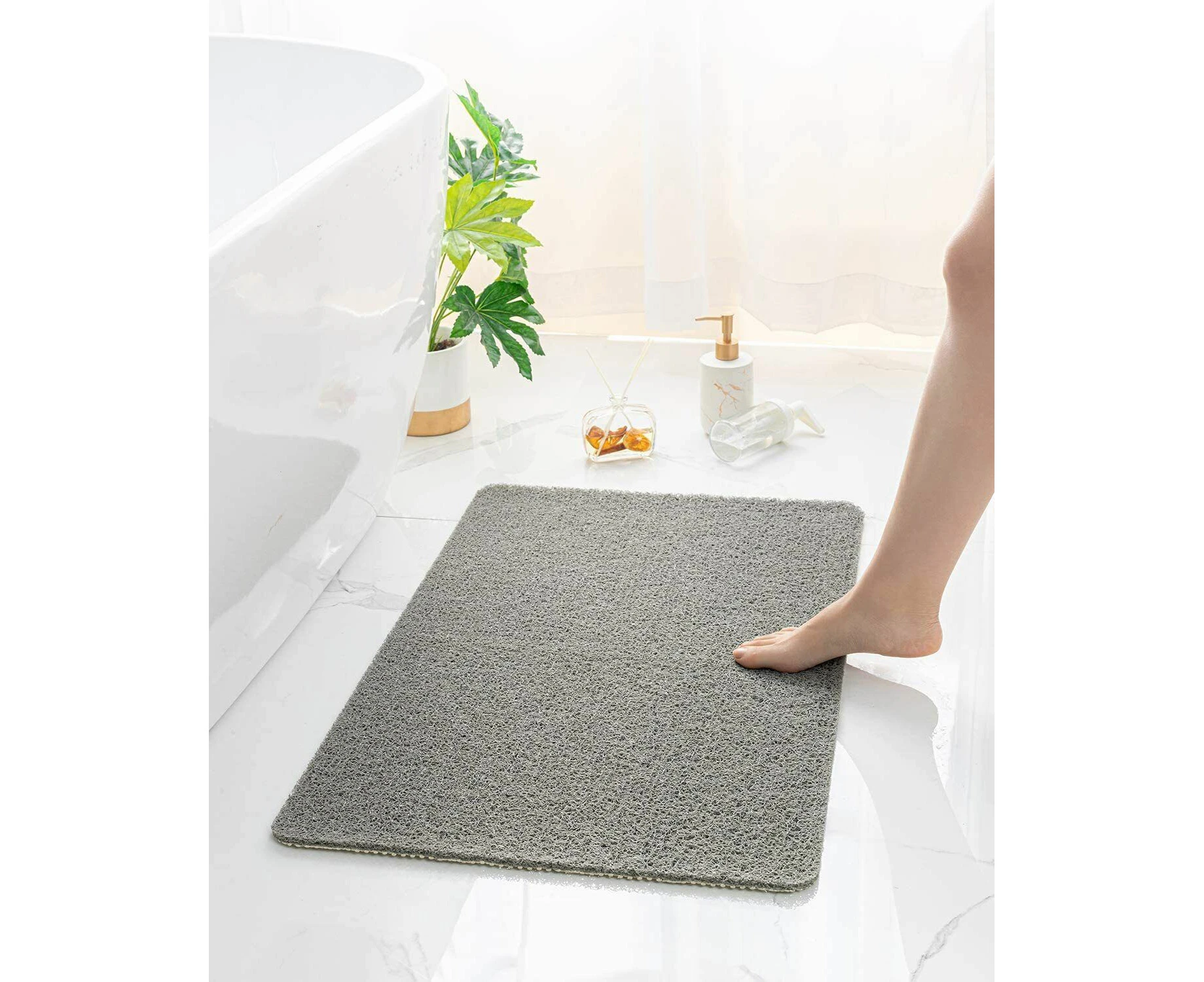 Shower Rug Non-Slip Bathtub Mat Carpet Water Drains PVC Loofah Bathroom Mats Grey