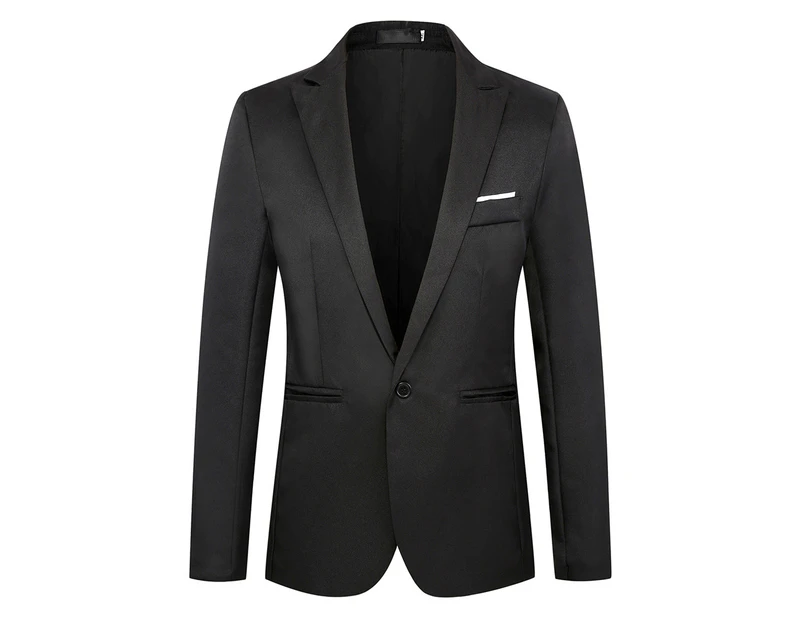 Men One Button Smart Coat Suit Blazer Formal Wedding Jacket Blazer Coat Peak Lapel Design - Black