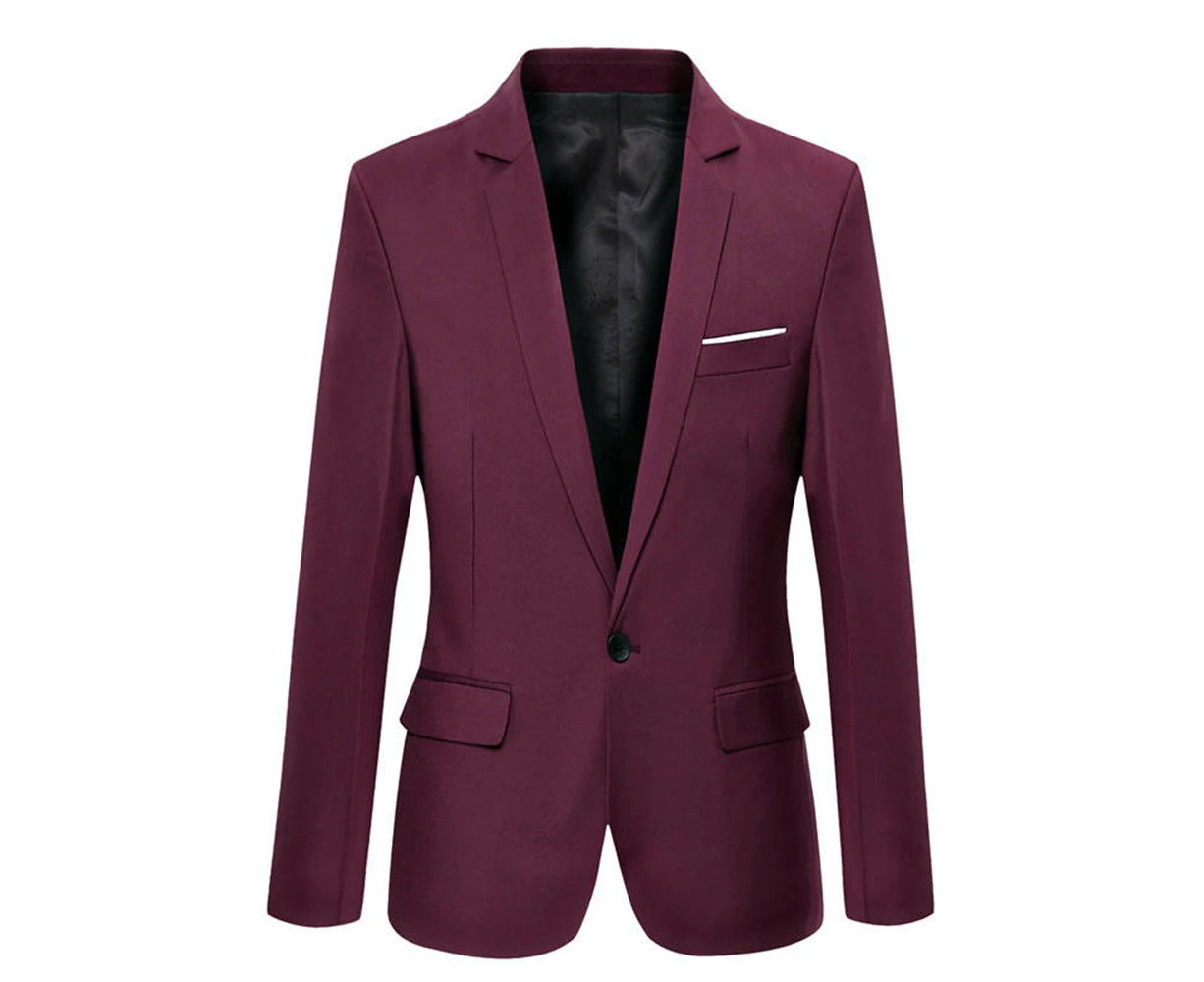 Men Notched Collar Suit Jacket Slim Fit One Button Dress Coat Work Business Formal Blazer - Wine red