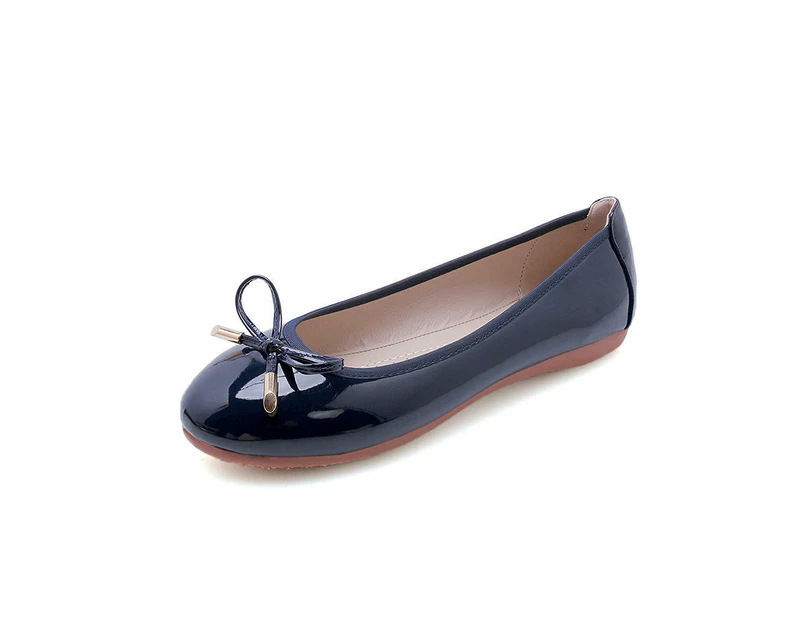 Women's Round Toe Ballet Flats Comfortable Bow Flats Shoes-Treasure blue (patent leather)