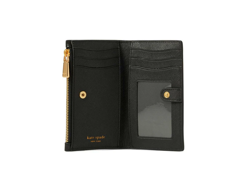 Morgan Bow Embellished Saffiano Leather Small Slim Bifold Wallet - Black