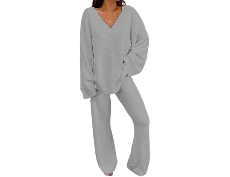 Women Solid Long Sleeve V-Neck Top Pants Loungewear Sleepwear Nightwear Pajamas Pyjamas Set Tracksuit - Light Gray