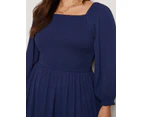 AUTOGRAPH - Plus Size - Womens Dress -  3/4 Sleeve Shirred Tiered Maxi Woven Dress - Navy