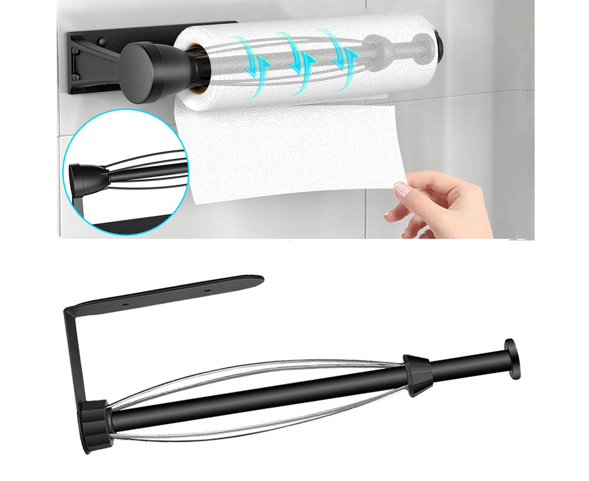 Paper Roll Towel Holder Punch Free Single Hand Operable Moistureproof Stainless Steel Wall Mounted Tissue Towel Rack Dispenser-Black