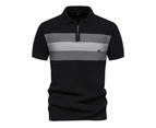 Mens Short Sleeve Knitted Striped Polo Shirts Casual Henley Shirts Regular Fitted Work Shirts for Men-Black