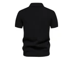 Mens Short Sleeve Knitted Striped Polo Shirts Casual Henley Shirts Regular Fitted Work Shirts for Men-Black