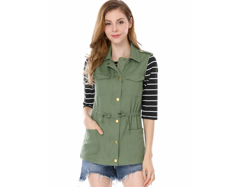 Allegra K Drawstring Waist Cargo Vest - Green