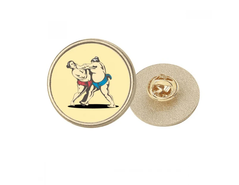 Fighting Japanese Traditional Sumo Round Metal Golden Pin Brooch Clip