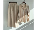 Women Retro Loose Buttons Shirt and Wide Leg Pants Casual Loungewear Outfit Set - Apricot