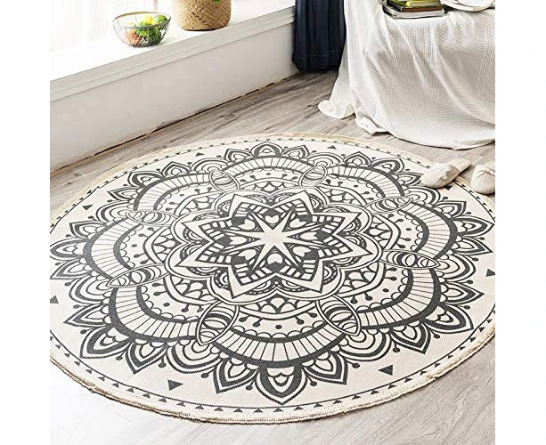 Round Rug, 4ft Hand Woven Cotton Circle Carpet Bohemian Mandala Print Tassels Indoor Floor Mat for Living Room,Children Playroom Compatible Bedroom