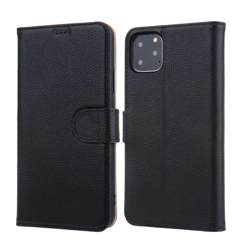 For iPhone 11 Pro Max Case Cowhide Genuine Leather Wallet Protective Cover Black