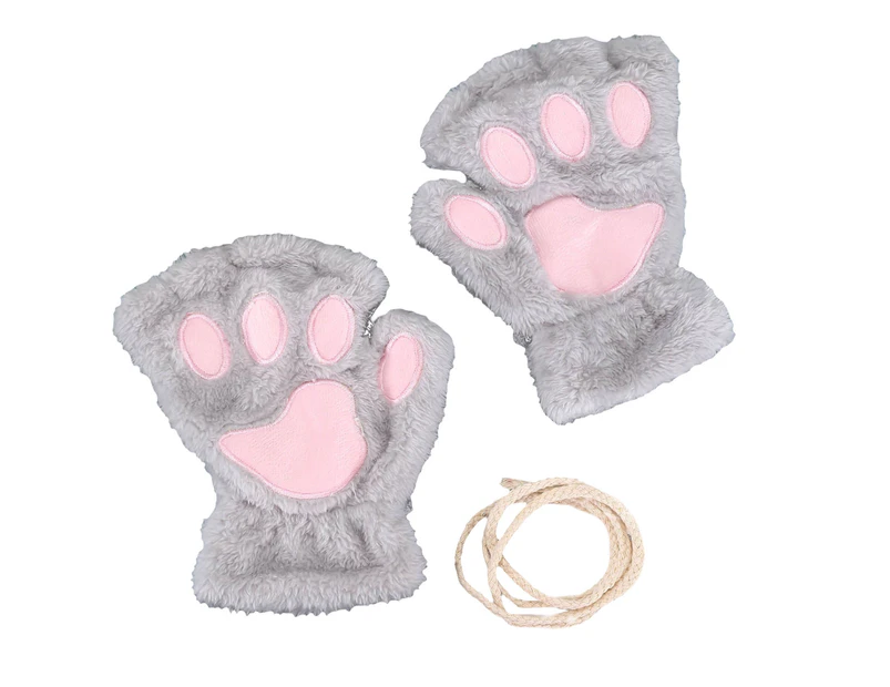 1 Pair Women Gloves Fluffy Half Finger Gifts Thickened Fingerless Keep Warm Comfortable Cartoon Bear Cat Paw Girls Plush Gloves for Outdoor Grey