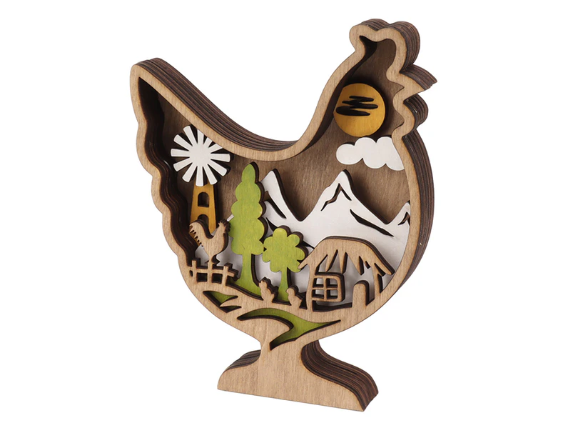 Wooden Chicken Carved Ornament Mountain Scene Colorful Exquisite Home Decoration Model