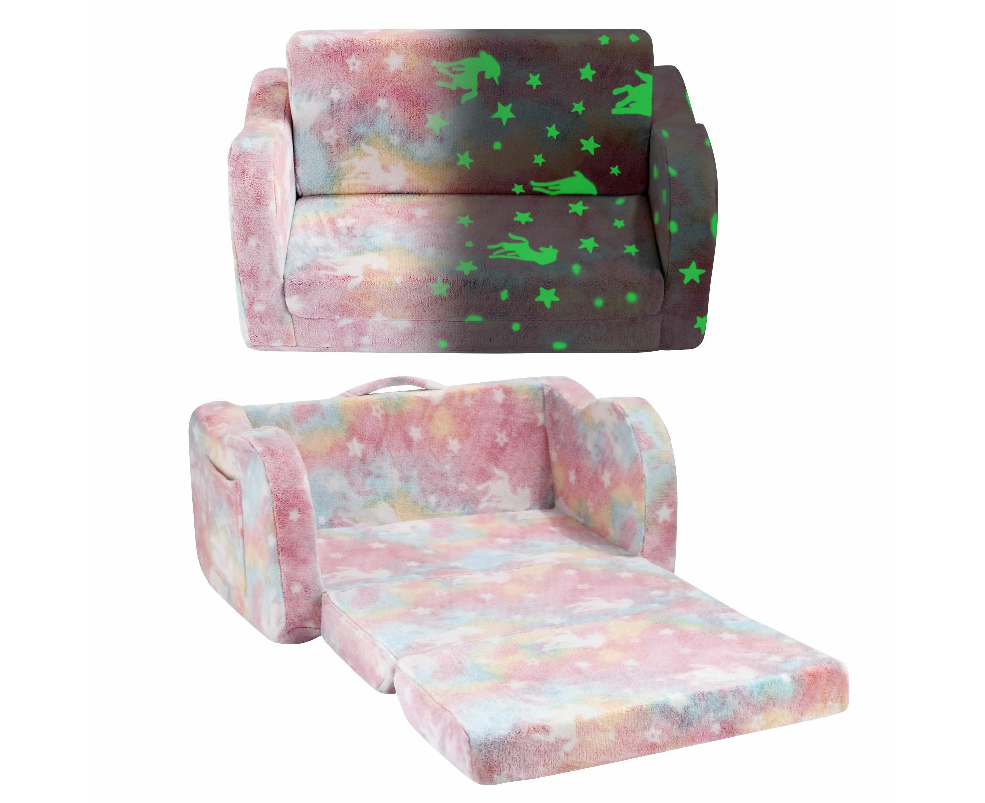 Kids Flip Out Sofa Convertible Couch Lounge Chair Fold Comfy Toddler Bed 2 Seater Childrens Armchair Storage Glow in The Dark