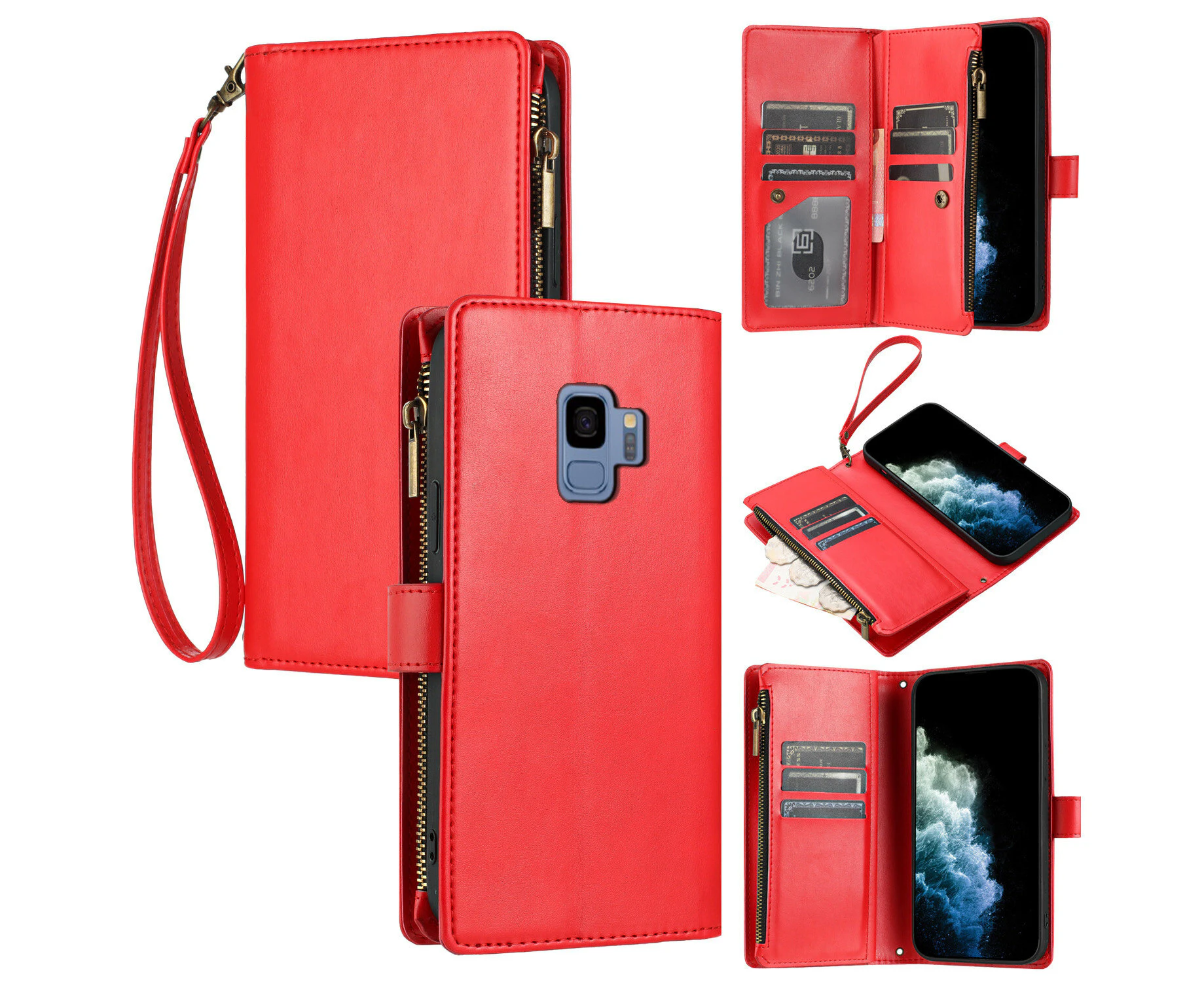 Samsung Galaxy S9 Wallet Case with Lanyard Leather Card Flip Case -Red