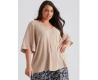 BeMe - Plus Size - Womens Summer Tops - Beige Blouse / Shirt - Casual Clothing - Relaxed Fit - 3/4 Sleeve - V Neck - Regular - Lace Trim - Work Wear - Beige