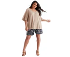 BeMe - Plus Size - Womens Summer Tops - Beige Blouse / Shirt - Casual Clothing - Relaxed Fit - 3/4 Sleeve - V Neck - Regular - Lace Trim - Work Wear - Beige