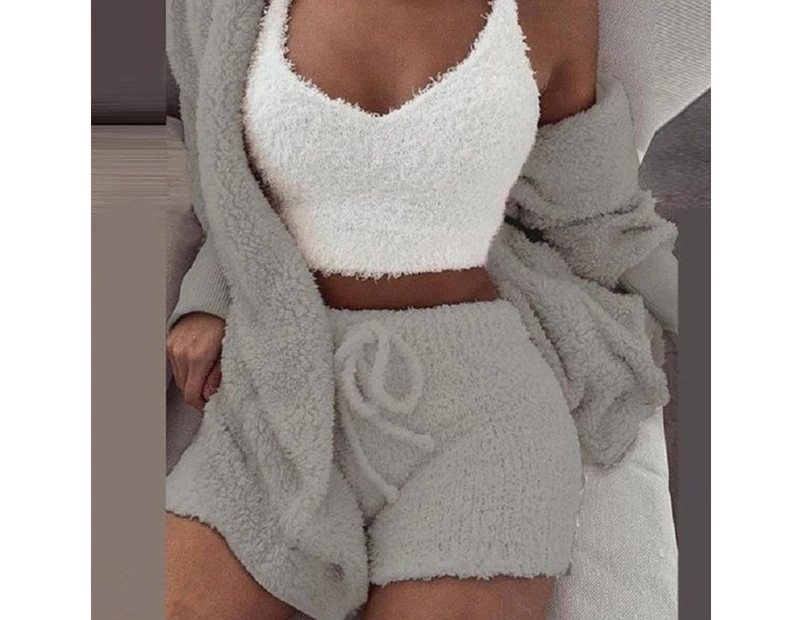 Women Fleece Fluffy Fur Coat + Vest + Shorts 3Pcs/Set Pyjamas Loungewear Nightwear - Grey