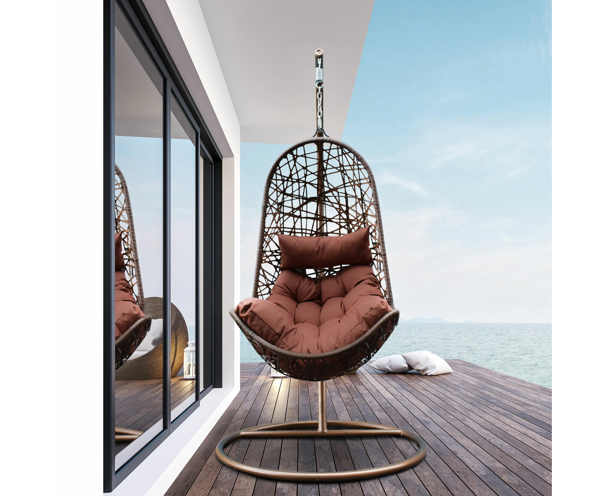 Arcadia Furniture Hanging Basket Egg Chair Outdoor Wicker Rattan Patio Garden - Colour: Brown and Coffee