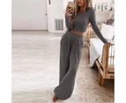 Women Casual Ribbed Crop Top and Bottom Wide Leg Pants Tracksuit Set Casual Comfy Loungewear Homewear - Dark Grey