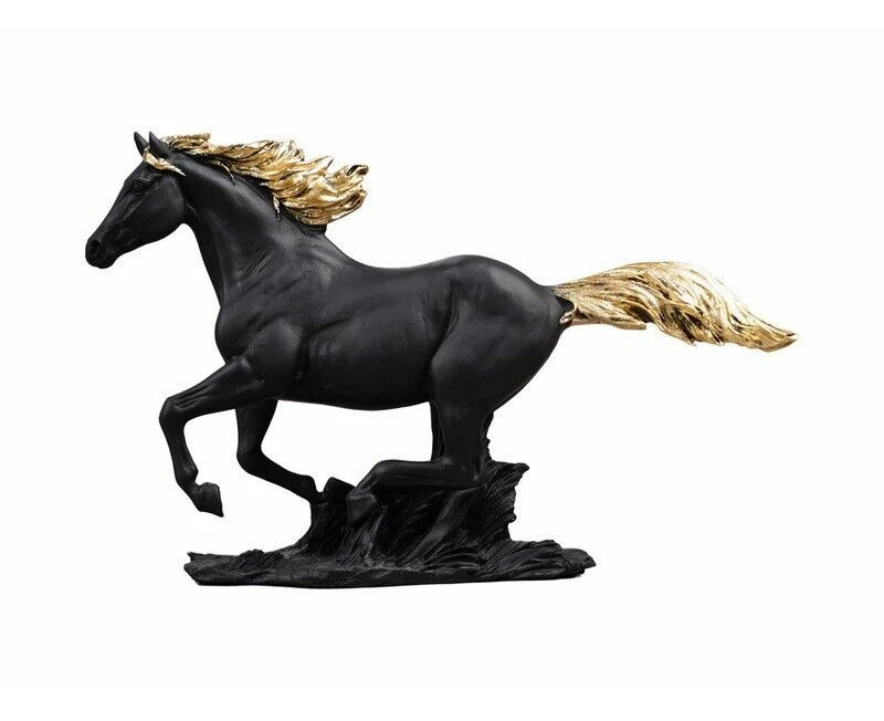 25cm Black Gold Running Horse Figurine Garden Ornament Statue Sculpture Mum Gift