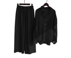 Women Ladies Retro Loose Buttons Shirt and Wide Leg Pants Casual Loungewear Outfit Tracksuit Set - Black