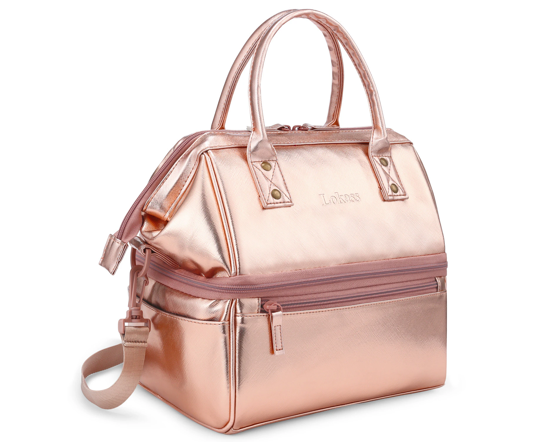 LOKASS Lunch Bags for Women Insulated Lunch Box With Double Deck Large Capacity Cooler Tote Bag -Rose gold