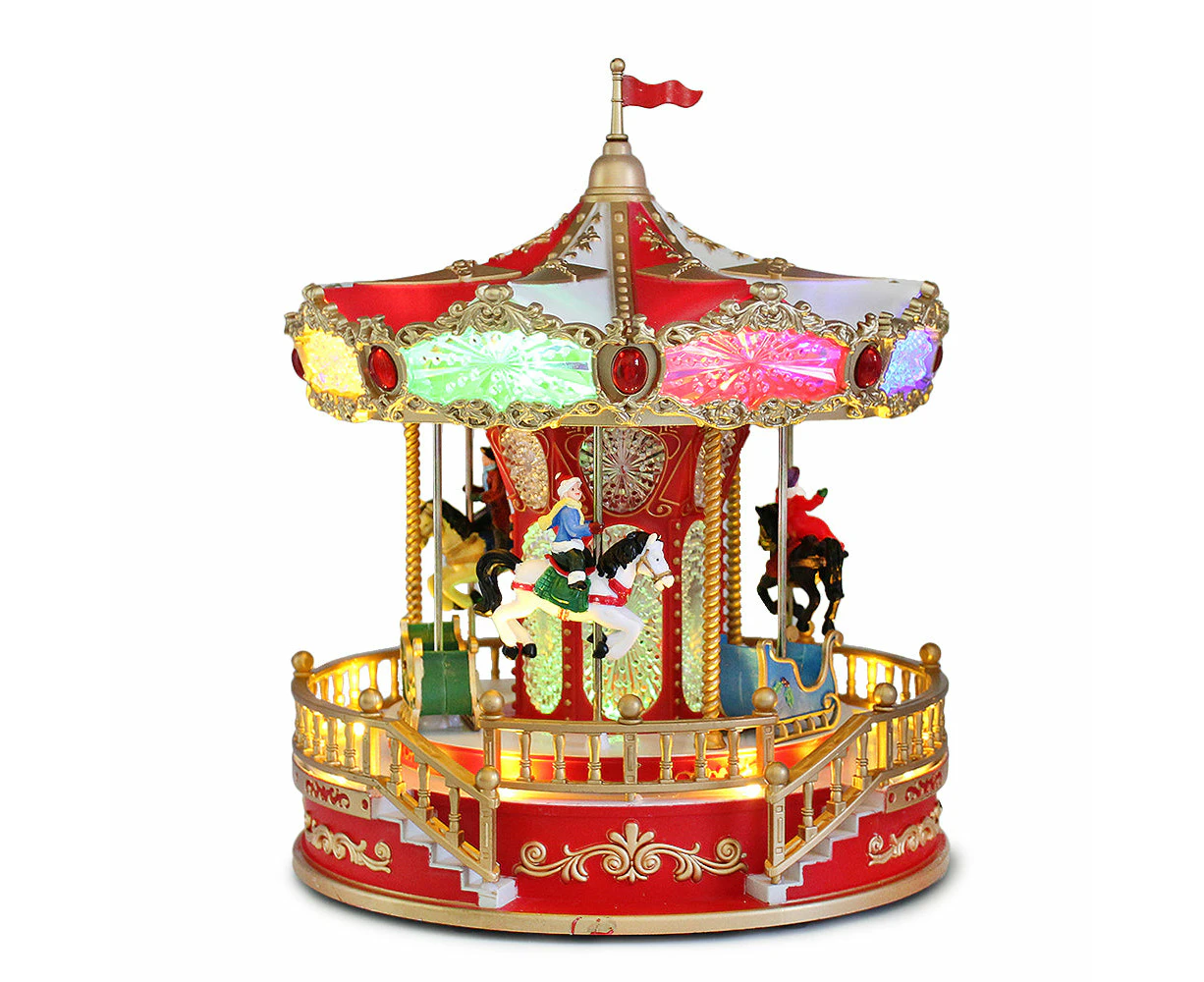 Animated Christmas Village Rotating Carousel Colorful LED Lights Music