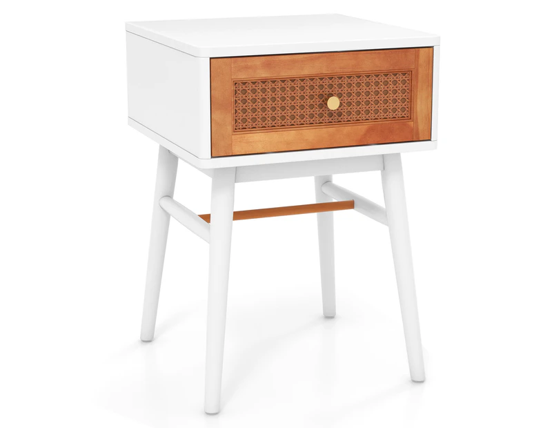 White & Brown Nightstand Modern Bedside End Table with Storage Drawer & Solid Wood Legs