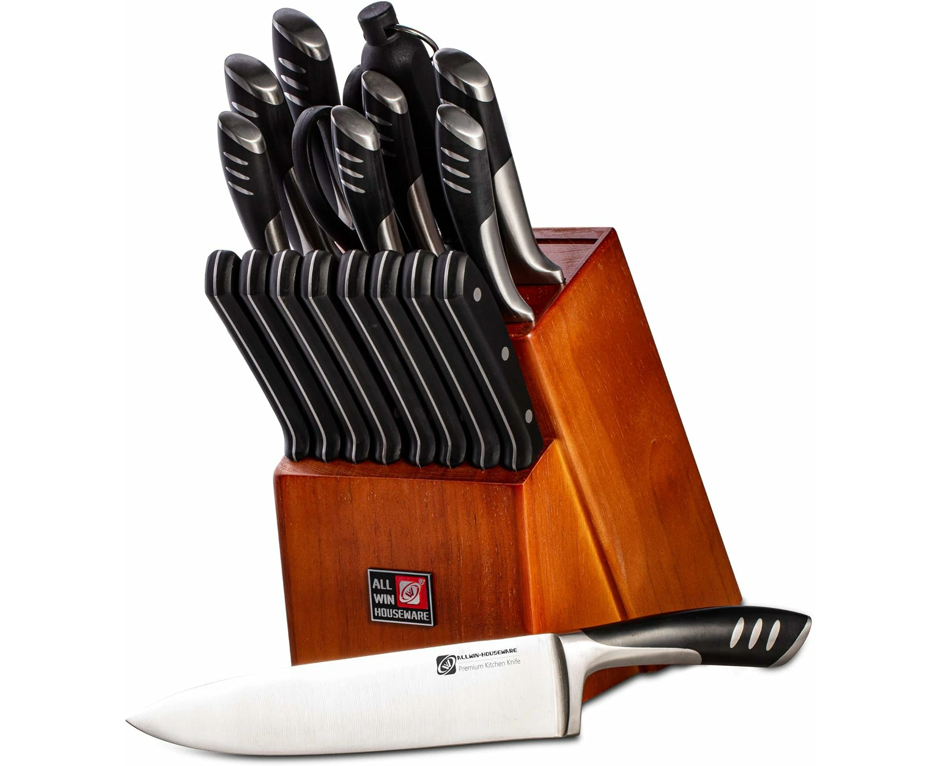 Premium 19-Piece German Kitchen Knives Set with Rubber Wood Block