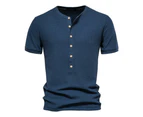 Waffle Henley Pattern Men's Casual Crew Neck Knit Short Sleeve T-Shirt-Tibetan blue