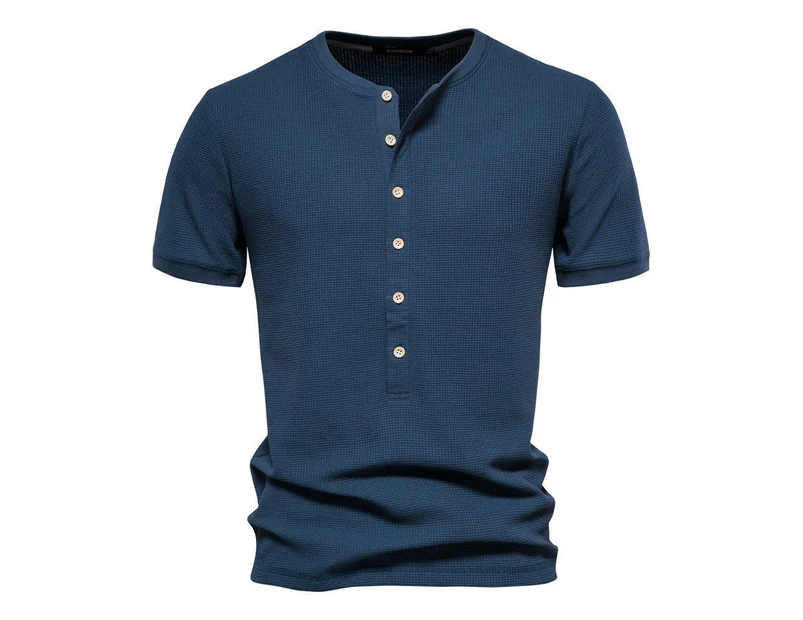 Waffle Henley Pattern Men's Casual Crew Neck Knit Short Sleeve T-Shirt-Tibetan blue